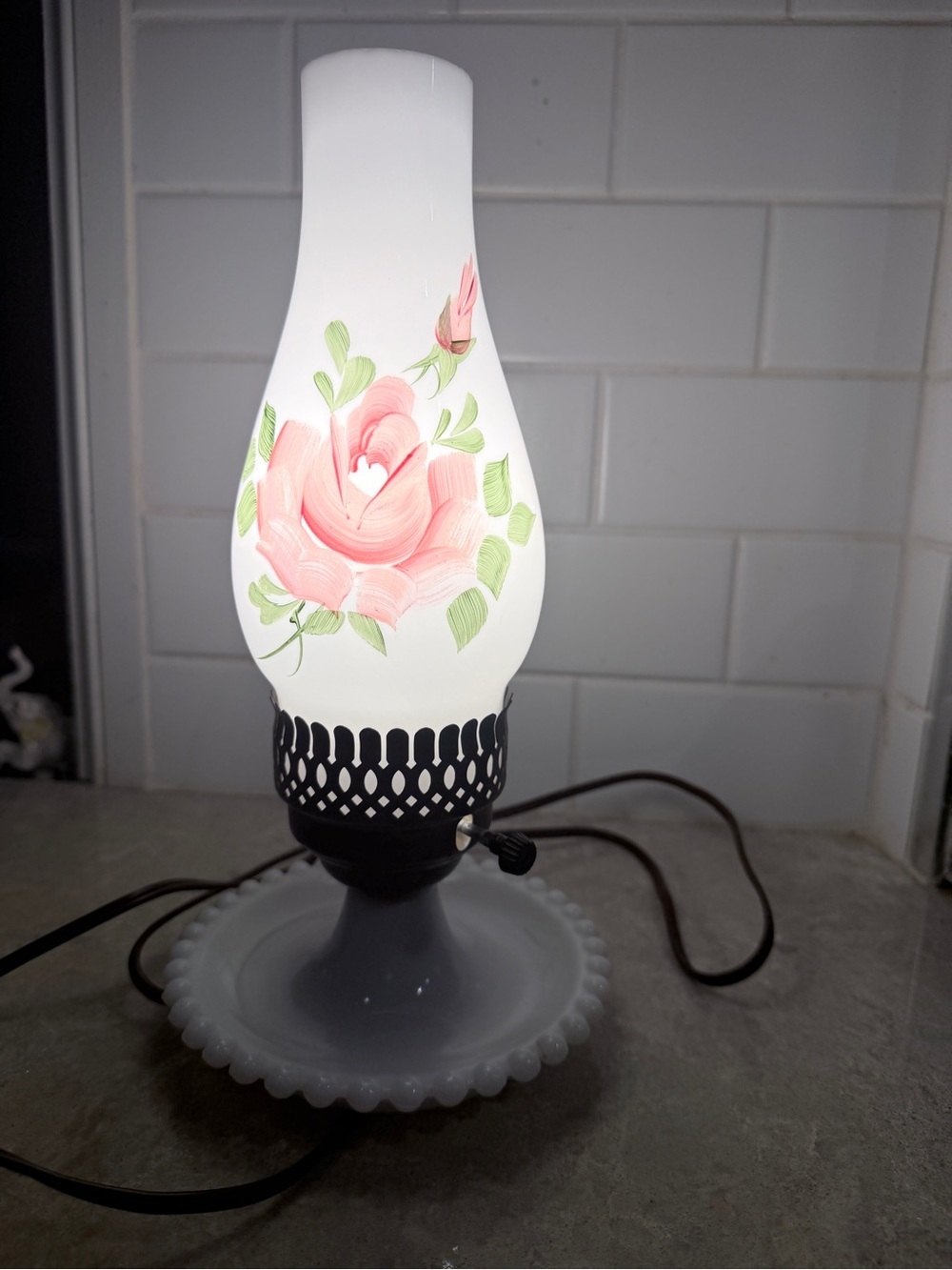 Vintage Hand-Painted Milk Glass Hobnail Electric Hurricane Lamp - Works!